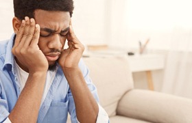 A young man wearing a button-down shirt holds his temples because of an intense headache