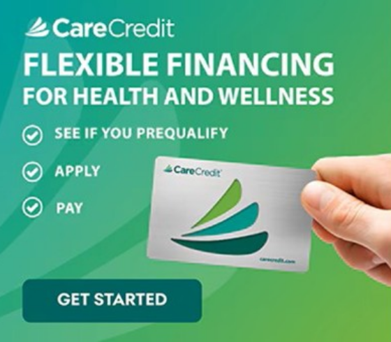 CareCredit ad with text 'Flexible financing for health and wellness.' A hand holds a CareCredit card. Steps: See if you prequalify, apply, pay. 'Get started' button visible.