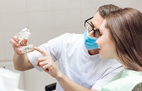 New Bedford dentist explaining how dentla implants work with model