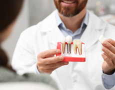 Dentist showing patient model of dental implant